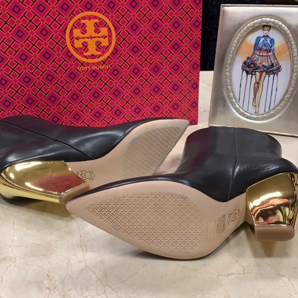TORY BURCH LILA BLACK CALF LEATHER ANKLE BOOTIE WITH A GOLD SLANTED BLOCK HEEL - Picture 10 of 11